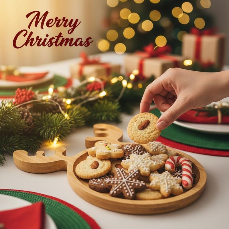 JOINPAYA 2Pcs Christmas Wood Serving Tray: 10.2x8.6Inch Round Food Dish Platter with Antler, Reindeer Christmas Decor Tray for Xmas Snack Dessert Fruit - Image 5