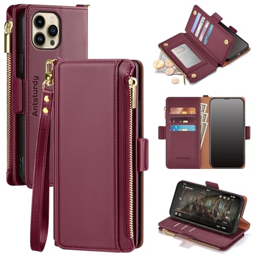 Antsturdy Compatible with iPhone 12 Pro Max Wallet CaseRFID Blocking PU Leather Phone Case Women Men flip Protective Cover Wrist Strap Zipper Credit Card Holder Slotsfor Apple 12 Pro MaxWine Red - Image 1