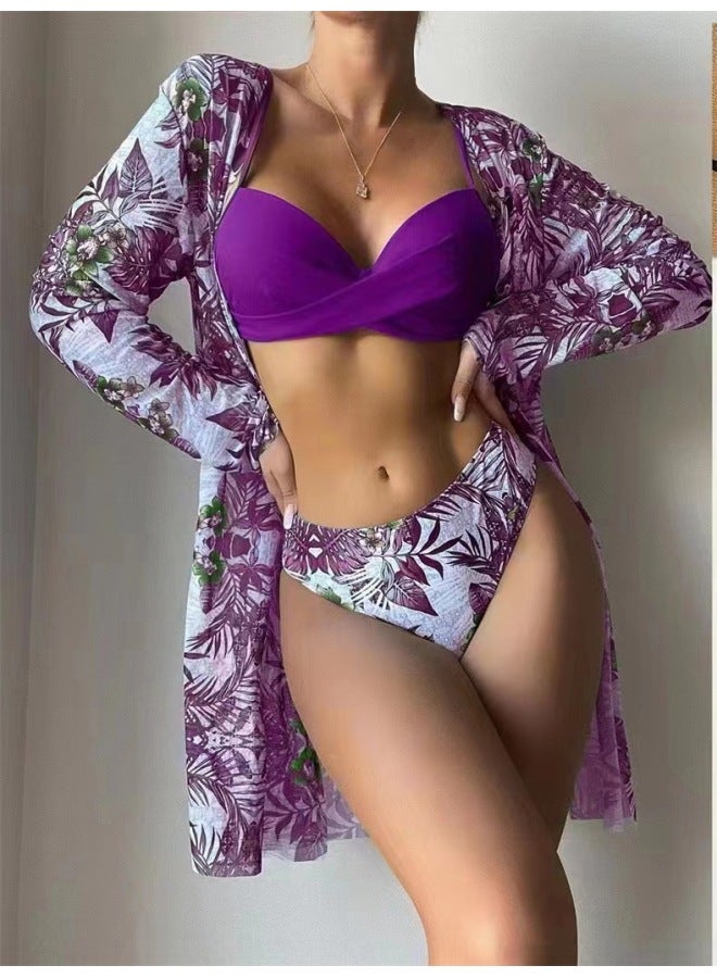 Tropical Hawaiian Style Swimsuit New Style Bikini Three-piece Set European And American High-style Gathering Backless High-waist Women