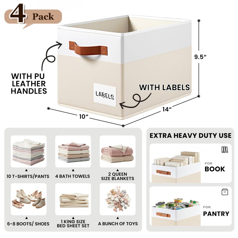Criusia 4 Pack Large Closet Storage Baskets for Shelves - 14x10 Heavy Duty Closet Shelf Organizer Bins with Handles & Labels - Decorative Collapsible Baskets for Organizing Living Room Bedroom Nursery Dorm - Image 2