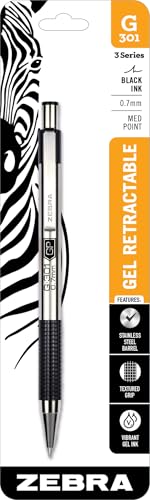 Zebra Pen G-301 Gel Pens 1-Pack, Black Ink, 0.7mm Medium Point, Stainless Steel Barrel, Comfortable Textured Grip, Secure Metal Clip, Short Length for Easy Pocket Storage (41311) - Image 1