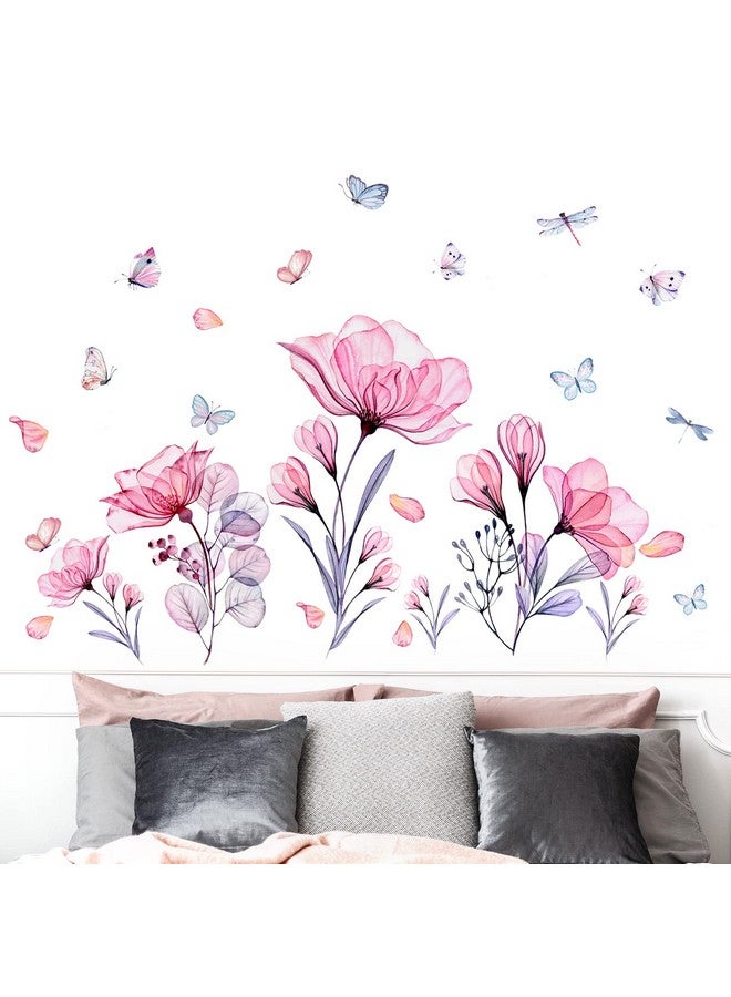 Prabahdak Pink Flowers Wall Decals Removable Butterflies Floral Flowerl Wall Stickers DIY Vinyl Self Adhesive Wall Mural for Nursery TV Background Kids Gilrs Rooms Bedroom Decoration - Image 3