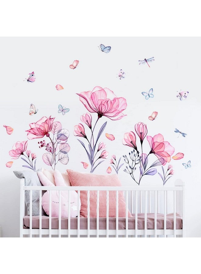 Prabahdak Pink Flowers Wall Decals Removable Butterflies Floral Flowerl Wall Stickers DIY Vinyl Self Adhesive Wall Mural for Nursery TV Background Kids Gilrs Rooms Bedroom Decoration - Image 1