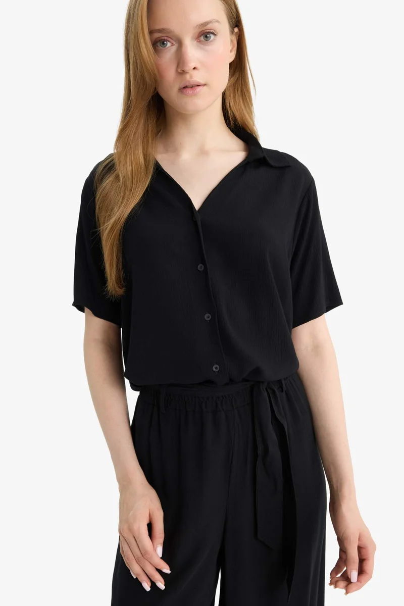 ديفاكتو Regular Fit Crinkle Viscose Black Shirt