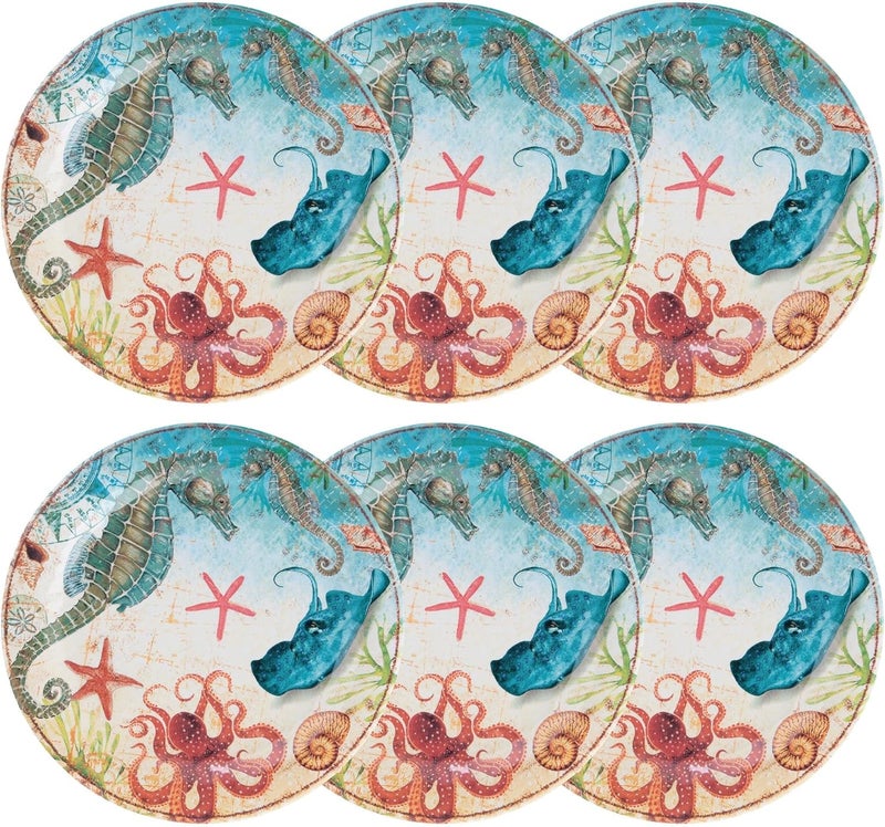 UP UPware Sea Life Seahorse Melamine Dinner Plate Set Round Plates for Main course Pasta and Salad BPAFree Dishwasher Safe Multicolor 11 Inch Set of 6 - Image 1
