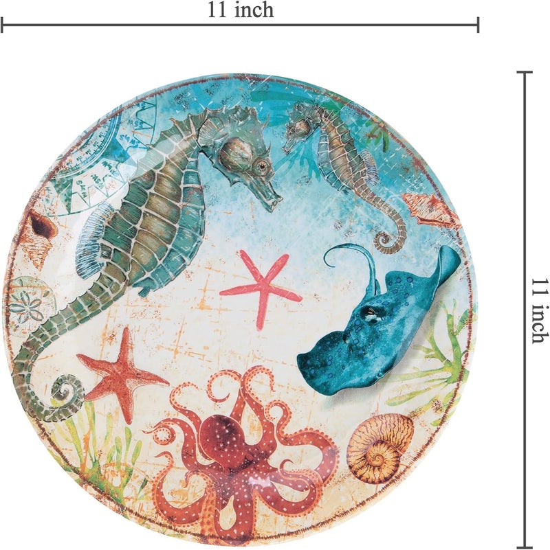UP UPware Sea Life Seahorse Melamine Dinner Plate Set Round Plates for Main course Pasta and Salad BPAFree Dishwasher Safe Multicolor 11 Inch Set of 6 - Image 3