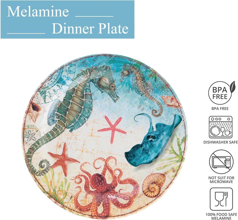 UP UPware Sea Life Seahorse Melamine Dinner Plate Set Round Plates for Main course Pasta and Salad BPAFree Dishwasher Safe Multicolor 11 Inch Set of 6 - Image 2