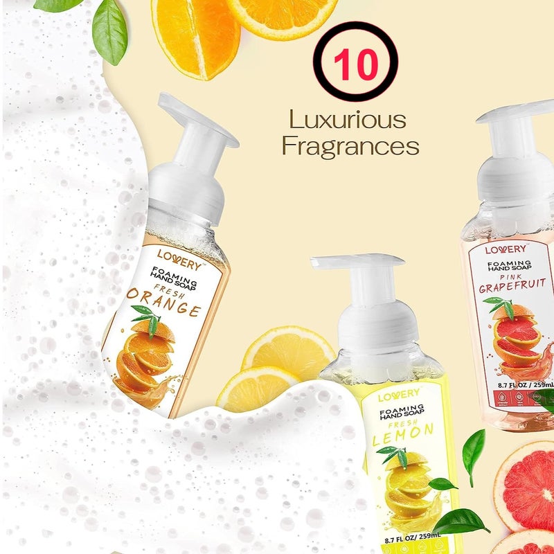 LOVERY Foaming Hand Soap 10 Pack, Moisturizing W Aloe Vera & Essential Oils - Alcohol-Free Citrus Blend, Lemon, Orange, Lime, Grapefruit, Black Cherry Fragrances & More Hand Wash for Kitchen and Bathroom - Image 2
