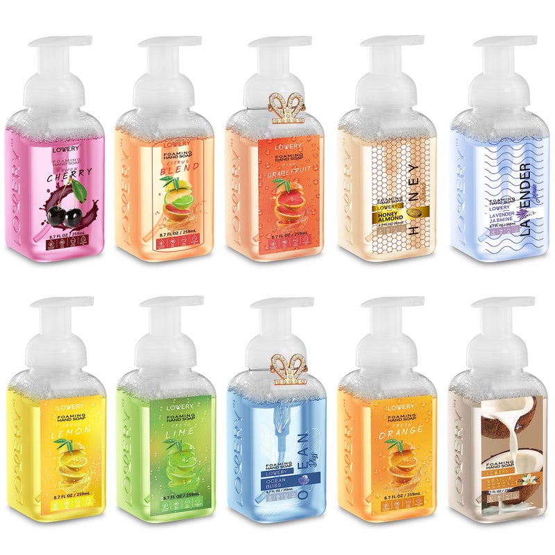 LOVERY Foaming Hand Soap 10 Pack, Moisturizing W Aloe Vera & Essential Oils - Alcohol-Free Citrus Blend, Lemon, Orange, Lime, Grapefruit, Black Cherry Fragrances & More Hand Wash for Kitchen and Bathroom - Image 1