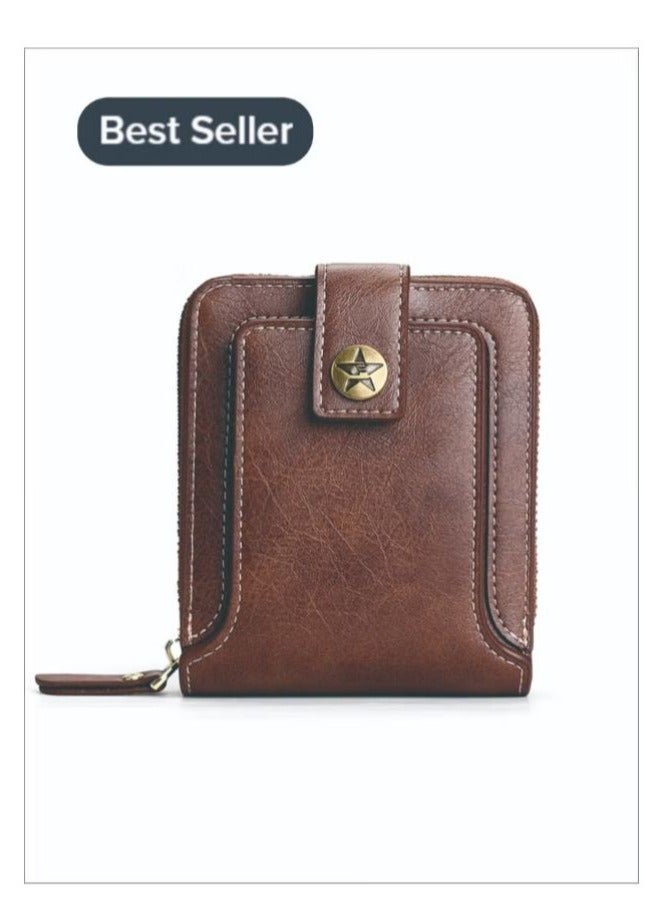 CarrKen Men's Short Wallet European and American Fashion Retro Multifunctional Wallet Zipper Buckle Card Holder Brown - Image 1