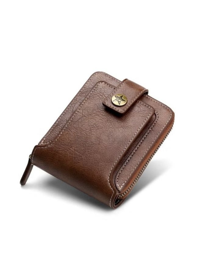CarrKen Men's Short Wallet European and American Fashion Retro Multifunctional Wallet Zipper Buckle Card Holder Brown - Image 2