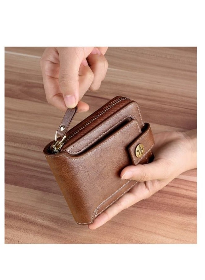 CarrKen Men's Short Wallet European and American Fashion Retro Multifunctional Wallet Zipper Buckle Card Holder Brown - Image 3