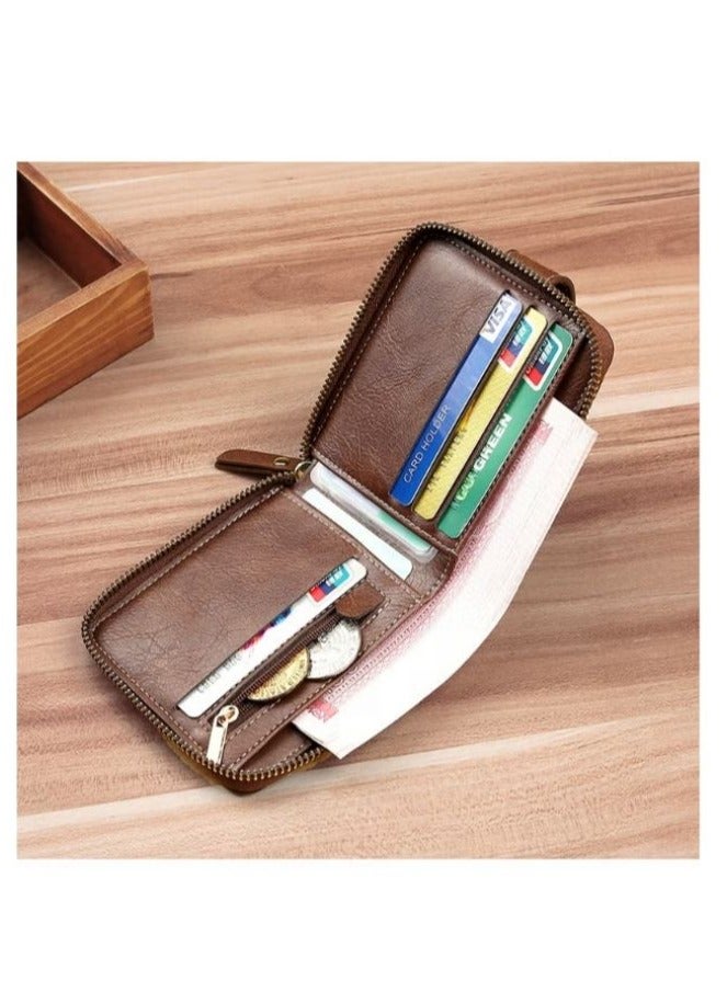 CarrKen Men's Short Wallet European and American Fashion Retro Multifunctional Wallet Zipper Buckle Card Holder Brown - Image 4
