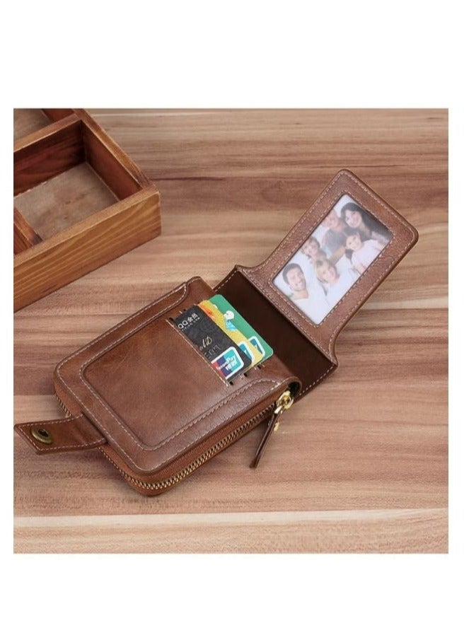 CarrKen Men's Short Wallet European and American Fashion Retro Multifunctional Wallet Zipper Buckle Card Holder Brown - Image 5