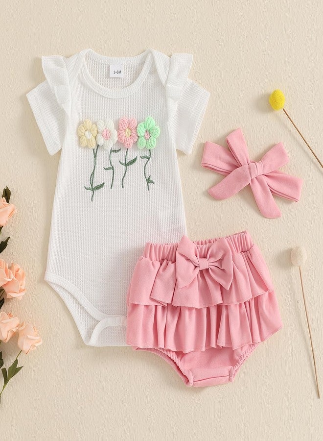 Mubineo Baby Girl Clothes Summer Outfits Cute Flower Romper Ruffle Skirt Shorts Skort Newborn Outfit Bodysuit Sets (White Pink, 3-6 Months) - Image 3