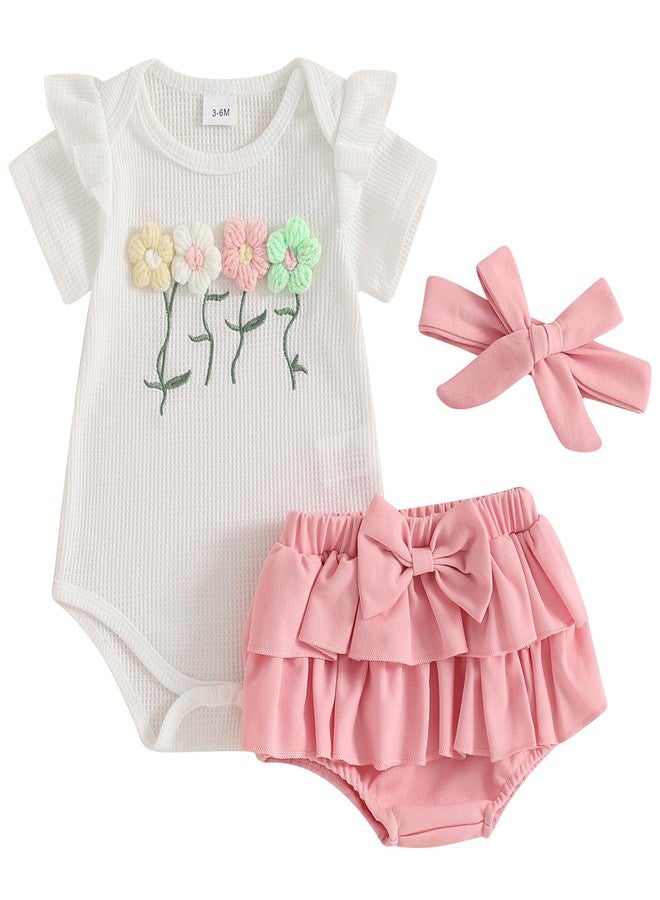 Mubineo Baby Girl Clothes Summer Outfits Cute Flower Romper Ruffle Skirt Shorts Skort Newborn Outfit Bodysuit Sets (White Pink, 3-6 Months) - Image 1