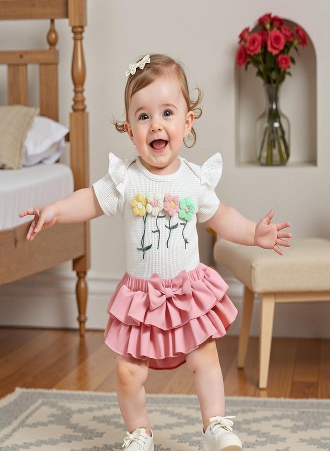 Mubineo Baby Girl Clothes Summer Outfits Cute Flower Romper Ruffle Skirt Shorts Skort Newborn Outfit Bodysuit Sets (White Pink, 3-6 Months) - Image 2