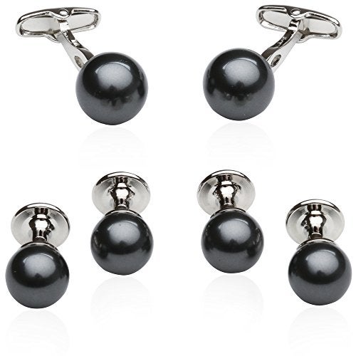 Cuff-Daddy Mens Black Simulated Pearl Cufflinks & Studs Tuxedo Formal Set for Wedding Groomsmen Groom with Travel Presentation Gift Box for Special Occasions - Image 1