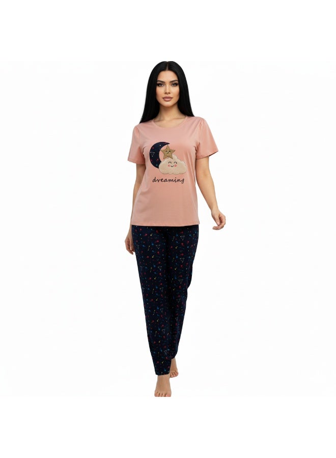 JOANNA Women's Dreaming Print Short Sleeve Shirt & Long Pants Pajama Set, Pink - Image 2