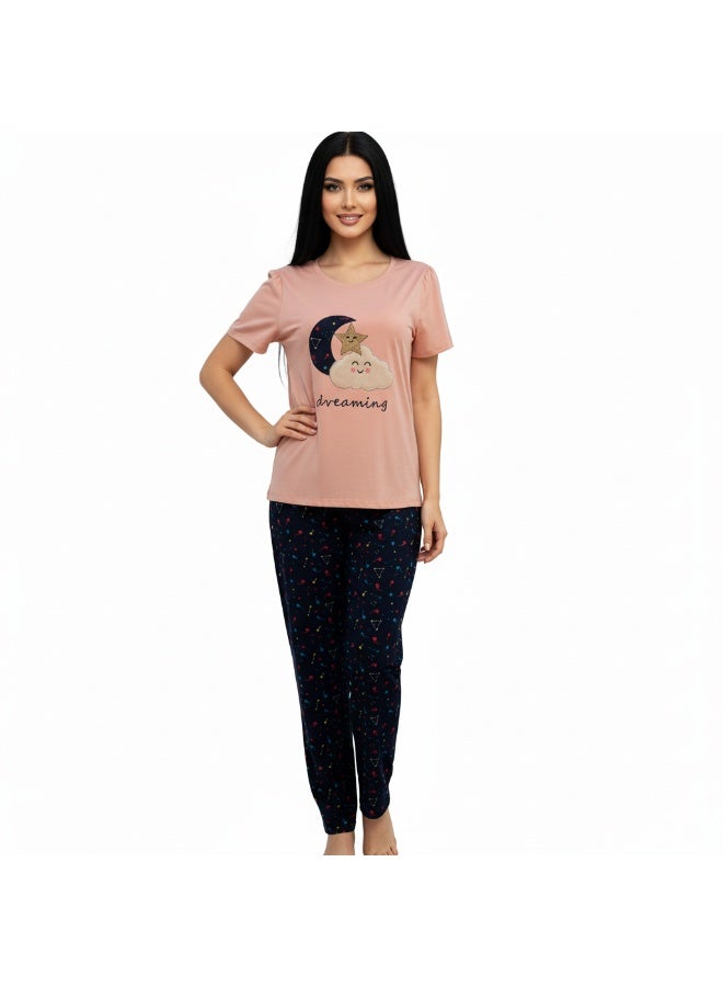 JOANNA Women's Dreaming Print Short Sleeve Shirt & Long Pants Pajama Set, Pink - Image 4