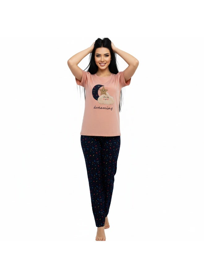 JOANNA Women's Dreaming Print Short Sleeve Shirt & Long Pants Pajama Set, Pink - Image 3
