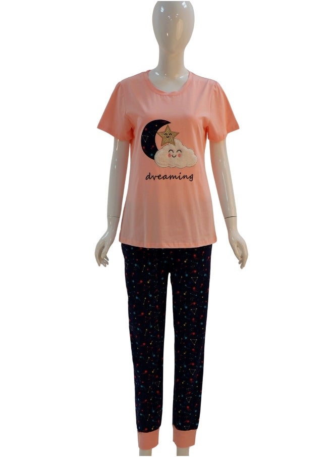 JOANNA - JOANNA Women's Dreaming Print Short Sleeve Shirt & Long Pants Pajama Set, Pink - Image 1