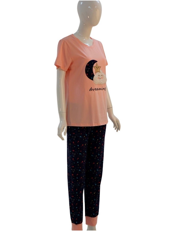 JOANNA - JOANNA Women's Dreaming Print Short Sleeve Shirt & Long Pants Pajama Set, Pink - Image 1