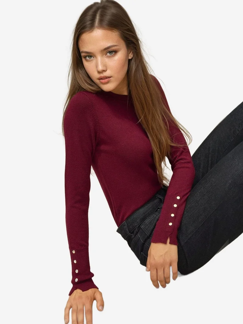 HICCUP Crew Neck Button Detailed Knit Sweater