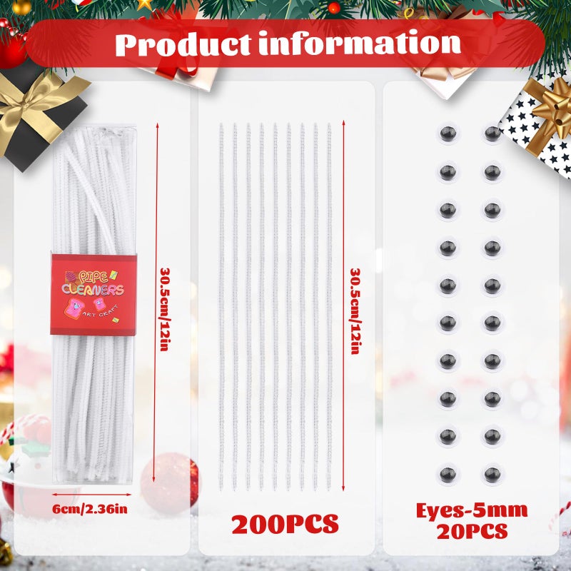 LOKUNN Pipe Cleaners, 200 Pcs White Pipe Cleaners Craft Set, Solid Color Chenille Stems, DIY Arts and Crafts with Adhesive Eyes and Storage Box, Christmas Halloween Decoration Art Supplies - Image 2