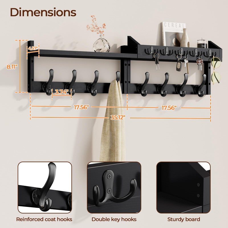 Evermagin 35" Coat Rack Wall Mount with Shelf, 4 in 1 Wall Mounted Coat and Key Hanger with 13 Hooks, Entryway Key Holder with Mail Holder for Living Room, Bedroom, Black - Image 2