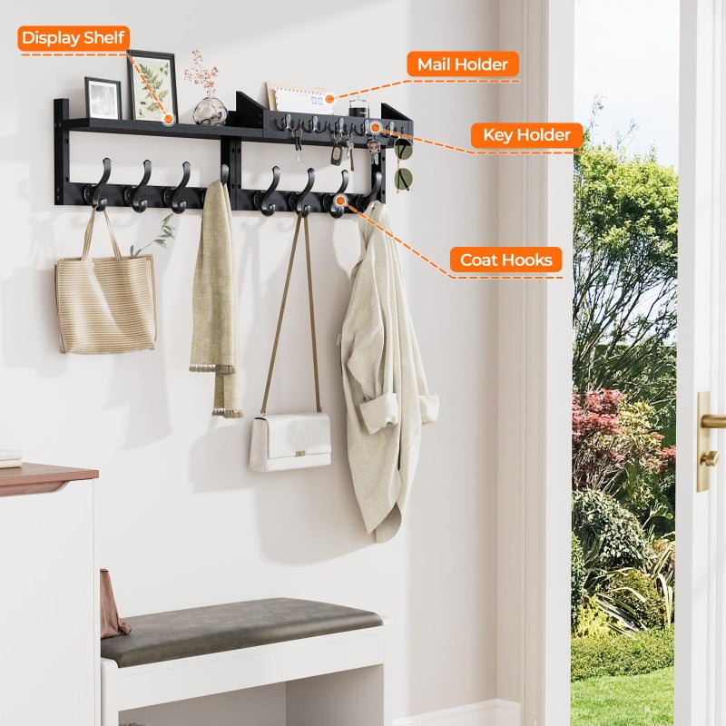 Evermagin 35" Coat Rack Wall Mount with Shelf, 4 in 1 Wall Mounted Coat and Key Hanger with 13 Hooks, Entryway Key Holder with Mail Holder for Living Room, Bedroom, Black - Image 5