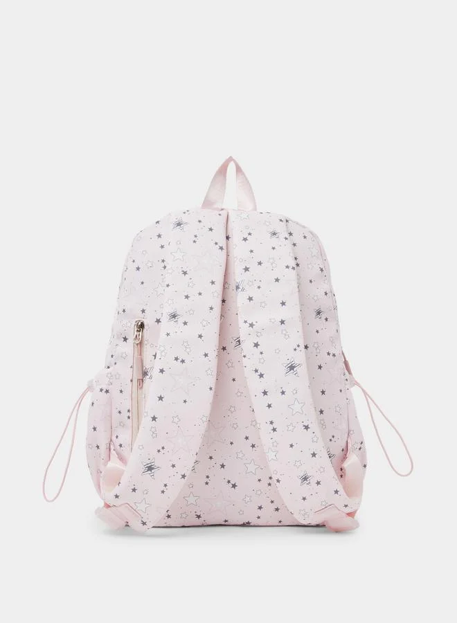 Styli Girls Star Print Backpack with Zip Closure