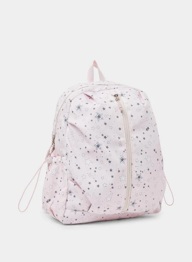 Styli Girls Star Print Backpack with Zip Closure