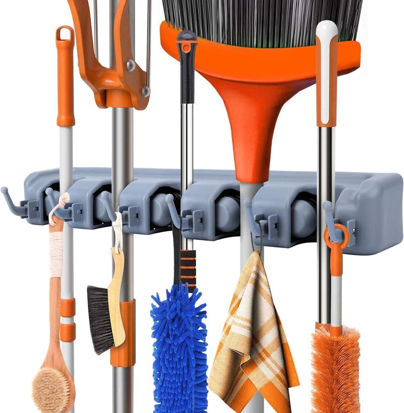 HOMENITY Broom Holder Wall Mounted mop Holder for Wall Broom Stick Holder Wall Mounted Stand Storage Broomstick Brush Mount Organizer with Hanger Hooks 1 Pack 5 Slot 6 Hooks
