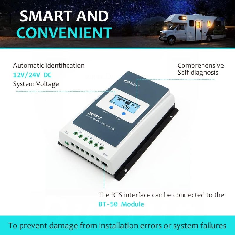 EPEVER MPPT Charge Controller 10A 12V/24V Auto Max PV 60V Solar Panel 130W/260W Regulator Charger with LCD Display Negative Ground for Gel Flooded Sealed LiFePO4 (MPPT 10A) - Image 2