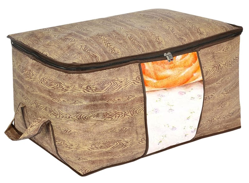 Kuber Industries Kuber Industries Wooden Print Non Woven Underbed Storage BagCloth OrganiserBlanket Cover with Transparent Window Brown  - Image 1