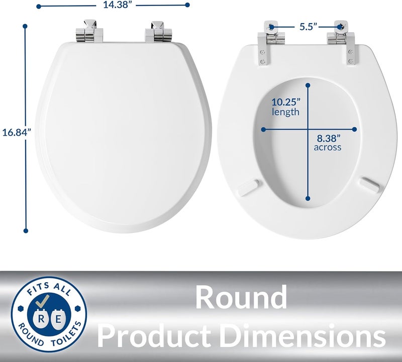 Mayfair Bennett Toilet Seat with Chrome Hinges, Slow Close Wood Seat, Secure Metal Hinges, Easy Install, Made in USA, Round, White - Image 5