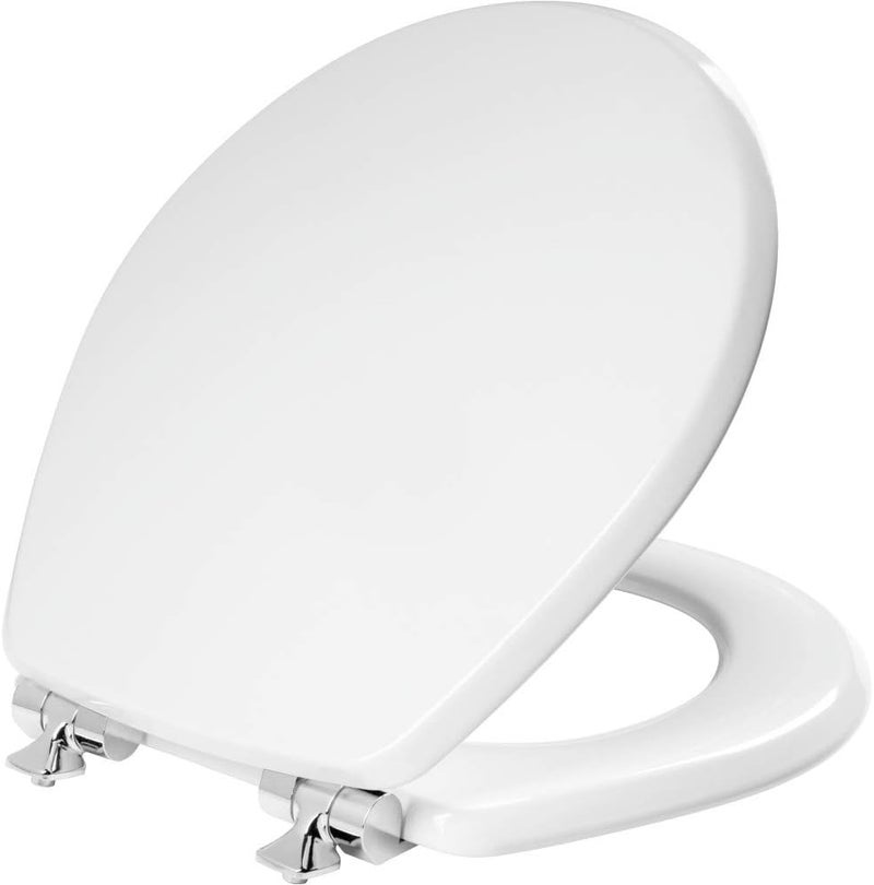 Mayfair Bennett Toilet Seat with Chrome Hinges, Slow Close Wood Seat, Secure Metal Hinges, Easy Install, Made in USA, Round, White - Image 1