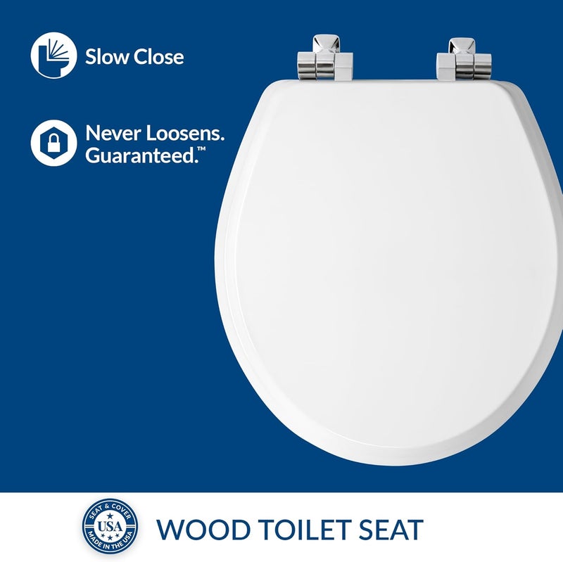 Mayfair Bennett Toilet Seat with Chrome Hinges, Slow Close Wood Seat, Secure Metal Hinges, Easy Install, Made in USA, Round, White - Image 3