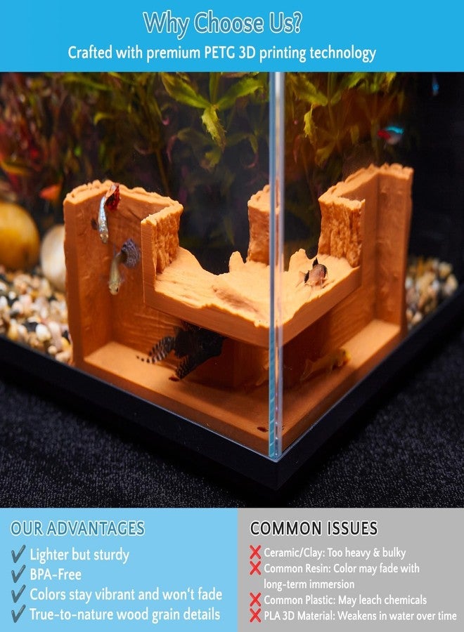 NUPICK Brown Aquarium Cave for Corners, PETG 3D Printed Fish Tank Cave Hideout with Smooth Surface, Natural Wood-Like Aquarium Tunnel, Fish Tank Decor for Bettas, Shrimp, Corys, Loaches, Snails - Image 4