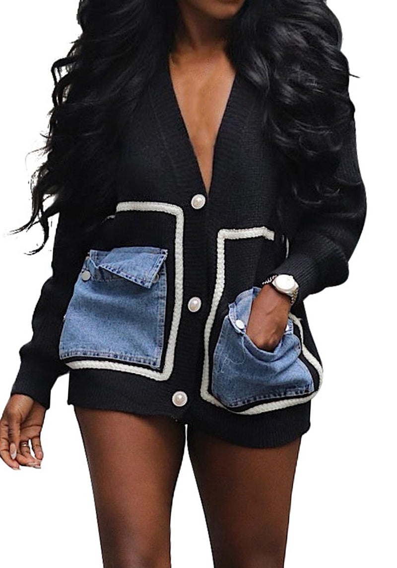 NRTHYE Women's Open Front Knit Sweater Cardigan Denim Pockets Patchwork Button Sweater Jacket - Image 1