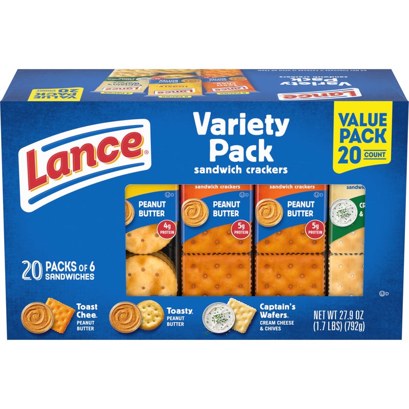 Lance Sandwich Crackers, Variety Pack, 3 Flavors, 20 Individually Wrapped Packs, 6 Sandwiches Each - Image 1