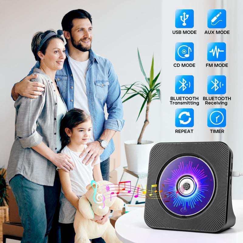 ROADOM Desktop CD Player with Speakers, ROADOM CD Players for Home, Portable CD Player with Bluetooth Hi-Fi Stereo Sound,Remote Control,Supports CD/Bluetooth/FM Radio/U Disk/AUX/Timer/Repeat,Black - Image 2