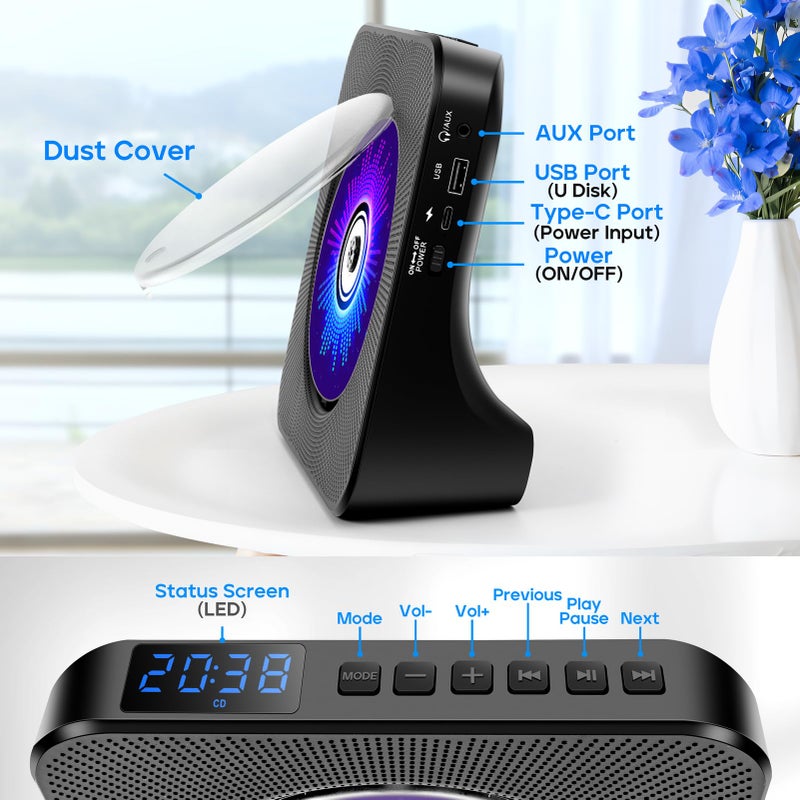 ROADOM Desktop CD Player with Speakers, ROADOM CD Players for Home, Portable CD Player with Bluetooth Hi-Fi Stereo Sound,Remote Control,Supports CD/Bluetooth/FM Radio/U Disk/AUX/Timer/Repeat,Black - Image 4
