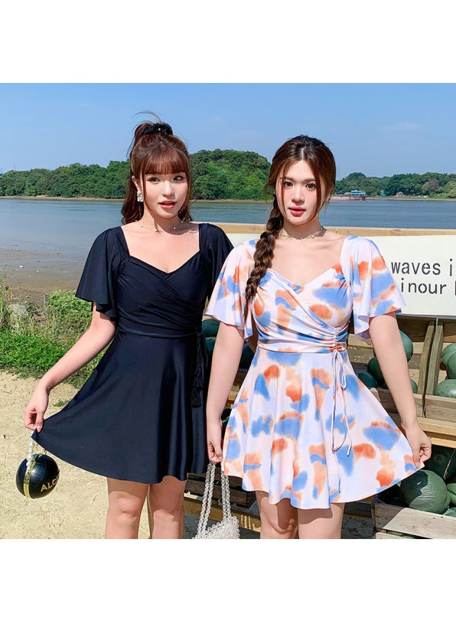 Hot Spring Swimsuit Women's Plus Size Chubby Girl Conservative Slim Black 100.00kg Body Skirt 2025 Swimsuit-Color:Black-