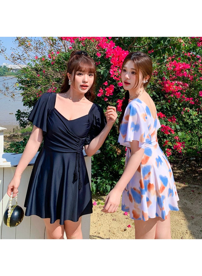 Hot Spring Swimsuit Women's Plus Size Chubby Girl Conservative Slim Black 100.00kg Body Skirt 2025 Swimsuit-Color:Black-