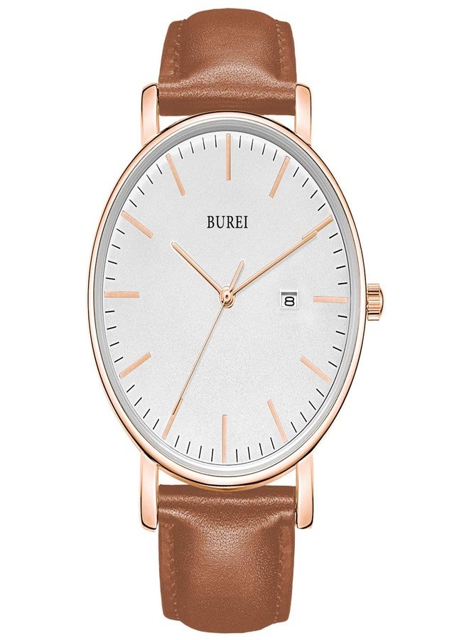 BUREI Men Watches Fashion Minimalist Waterproof Leather Watches for Men Women Student,White Rose Gold - Image 1
