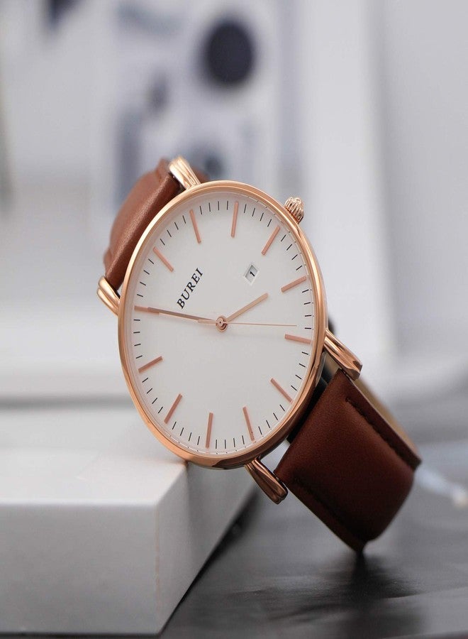 BUREI Men Watches Fashion Minimalist Waterproof Leather Watches for Men Women Student,White Rose Gold - Image 4
