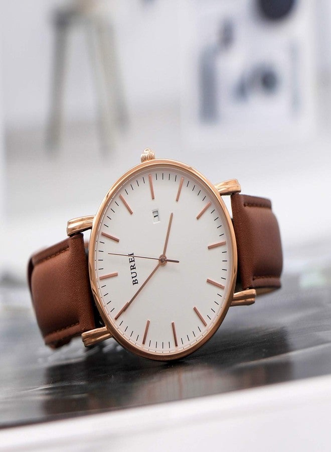 BUREI Men Watches Fashion Minimalist Waterproof Leather Watches for Men Women Student,White Rose Gold - Image 3