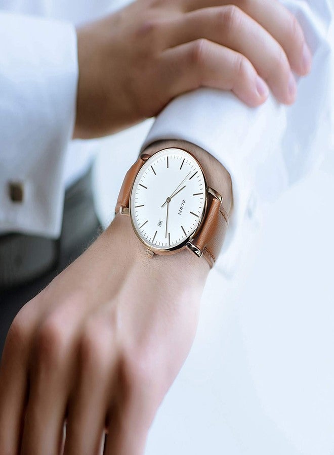BUREI Men Watches Fashion Minimalist Waterproof Leather Watches for Men Women Student,White Rose Gold - Image 5